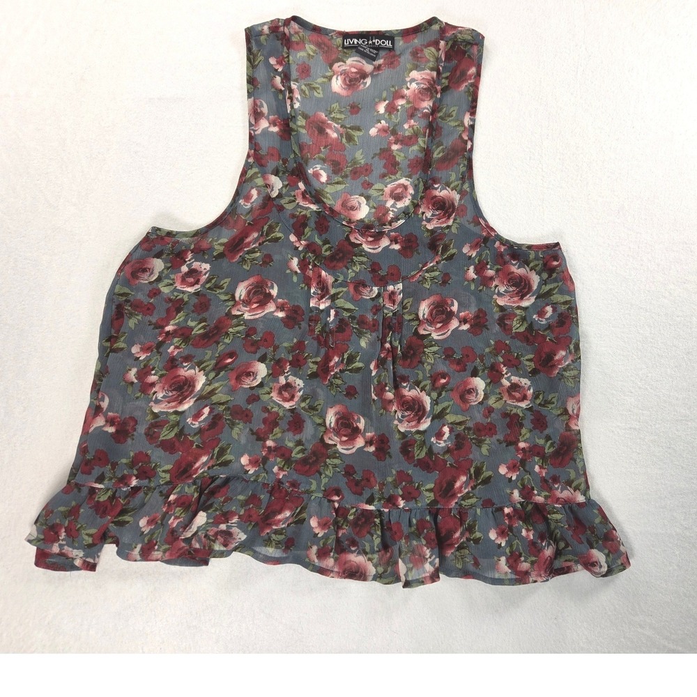 Living Doll Rose Floral Lightweight Racer Tank Dark Grey Flowy Cottage Layer XL